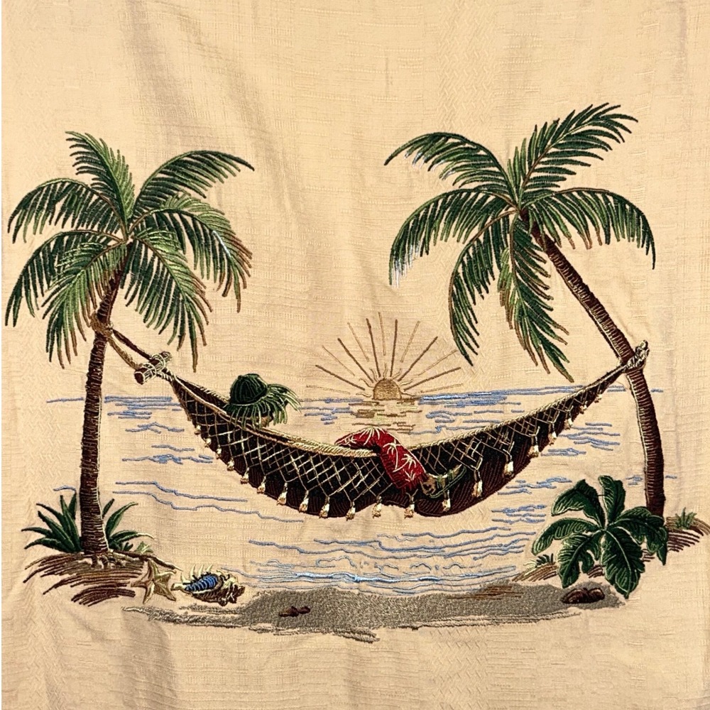 Caribbean Mens Silk Embroidered Hammock Palm Tree Tropical Button Down Medium